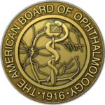 A gold seal with the american board of ophthalmology logo.